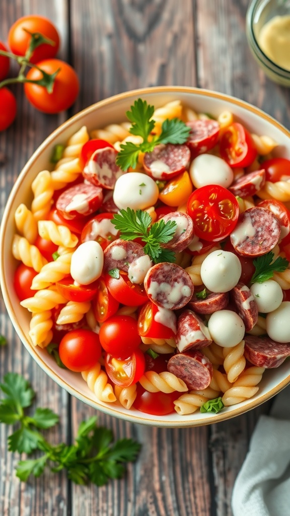 A colorful bowl of Italian grinder pasta salad with salami, pepperoni, tomatoes, cucumbers, and mozzarella cheese on a wooden table.